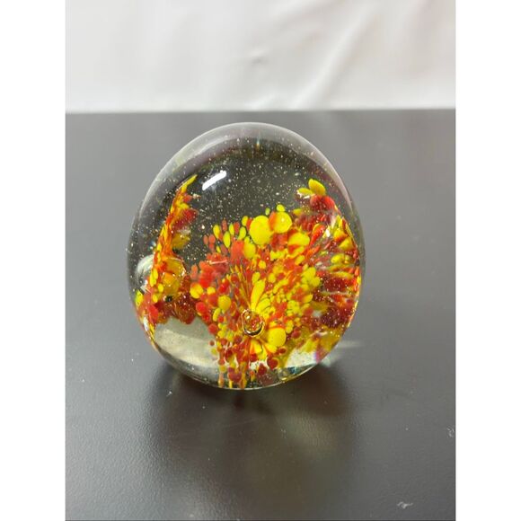 Vintage Hand Blown Art Glass Paper Weight Yellow and Red/Orange Flowers - Picture 1 of 5